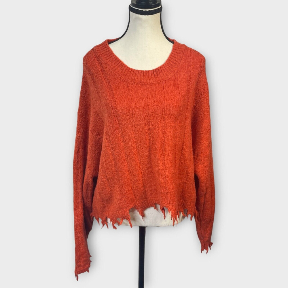 🧡 Double Zero Orange Frayed Hem Pullover Sweater LARGE Autumn Grunge